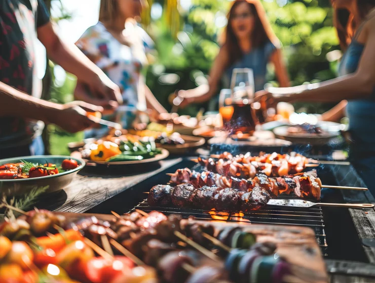 Image de délicieuses grillades sur un barbecue, entourées de légumes frais et de sauces appétissantes.