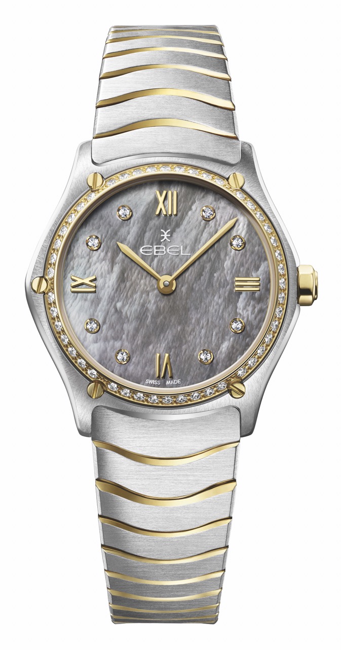 EBEL Sport Classic Radiant Grey, CHF 5 000.-Montre femme rétro-chic avec cadran en nacre grise et diamants, parfaite pour un style raffiné et intemporel. Cadeaux de Noël