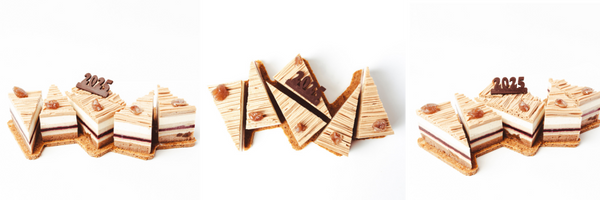 Entremets signature de Renou Genève, inspiré du logo origami, parfait pour les fêtes de fin d'année