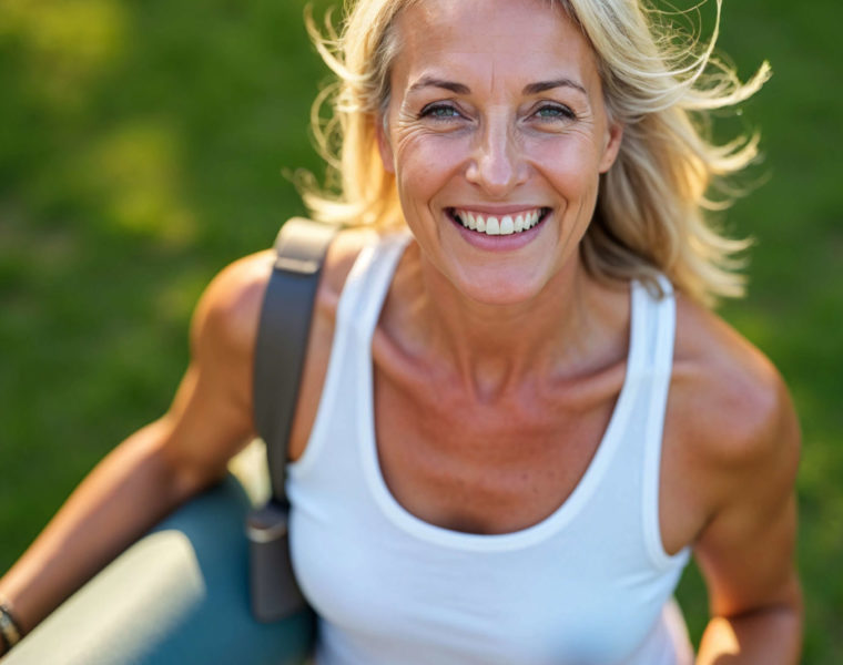 Femme en pleine activité physique dans un cadre sportif, illustrant la pratique adaptée au corps féminin.