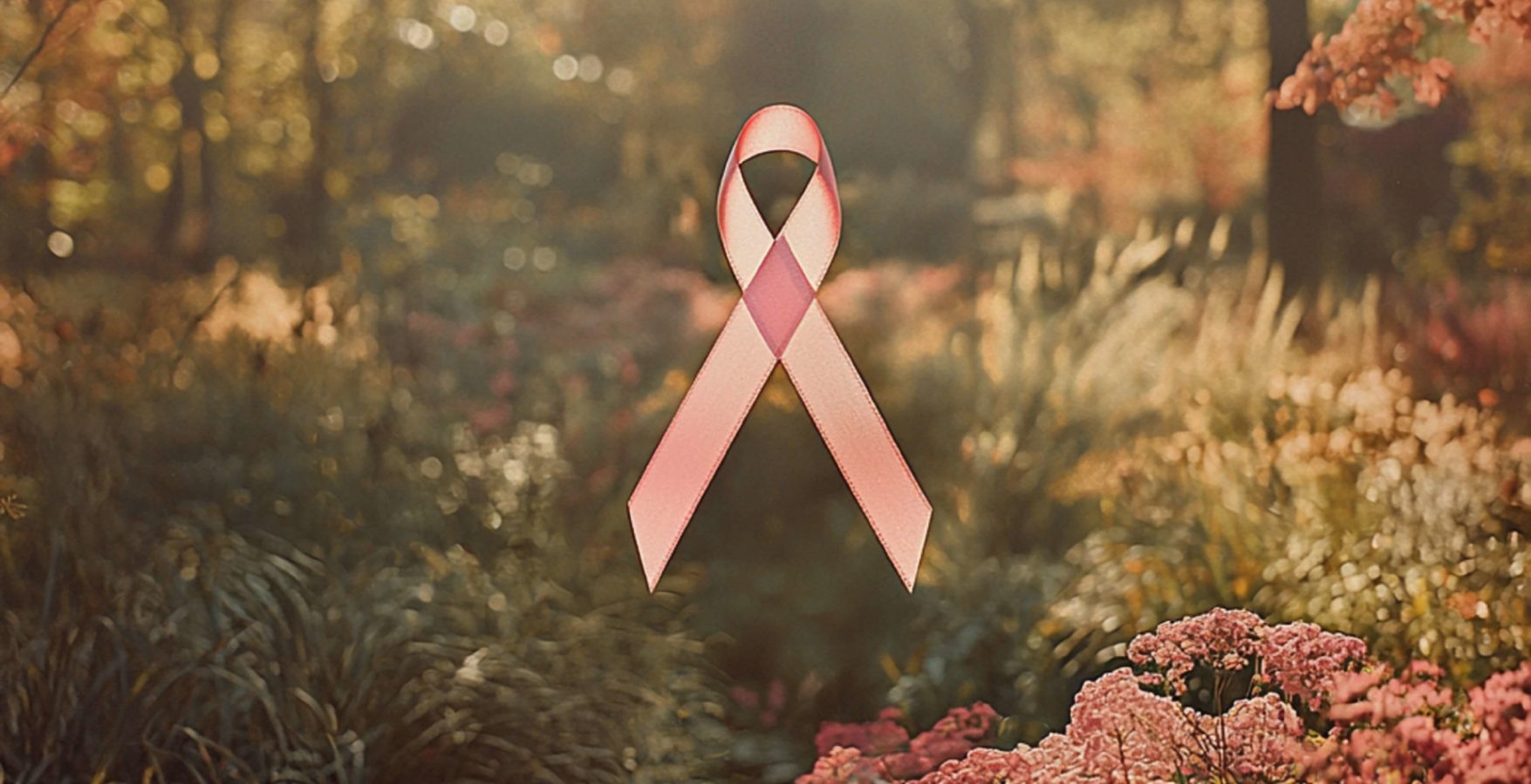 Ruban rose symbolisant la lutte contre le cancer du sein, flottant dans un jardin baigné de lumière automnale.