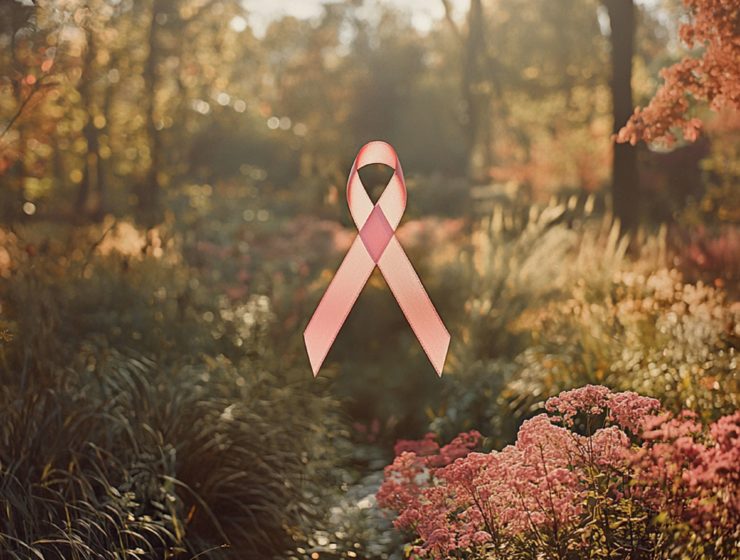 Ruban rose symbolisant la lutte contre le cancer du sein, flottant dans un jardin baigné de lumière automnale.