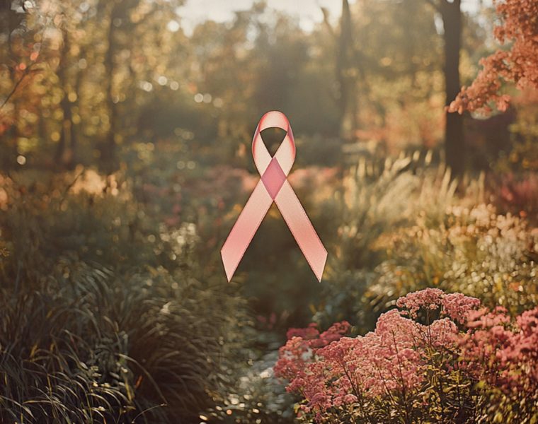 Ruban rose symbolisant la lutte contre le cancer du sein, flottant dans un jardin baigné de lumière automnale.
