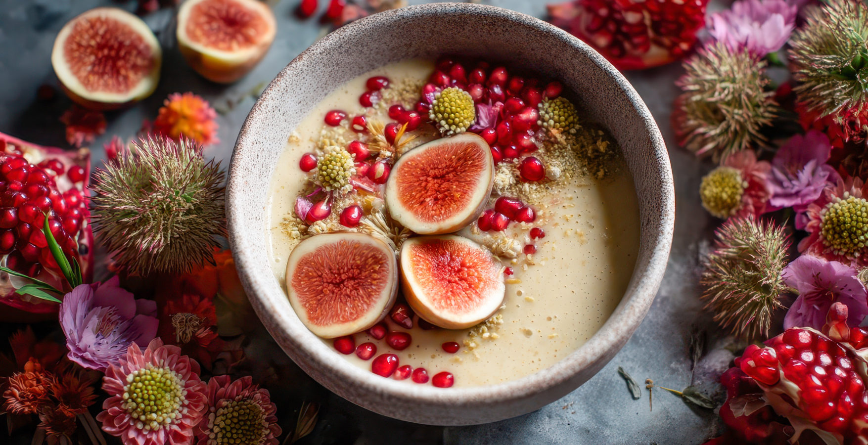 ol de crème parsemé de figues, graines et grenades, entouré de fleurs colorées