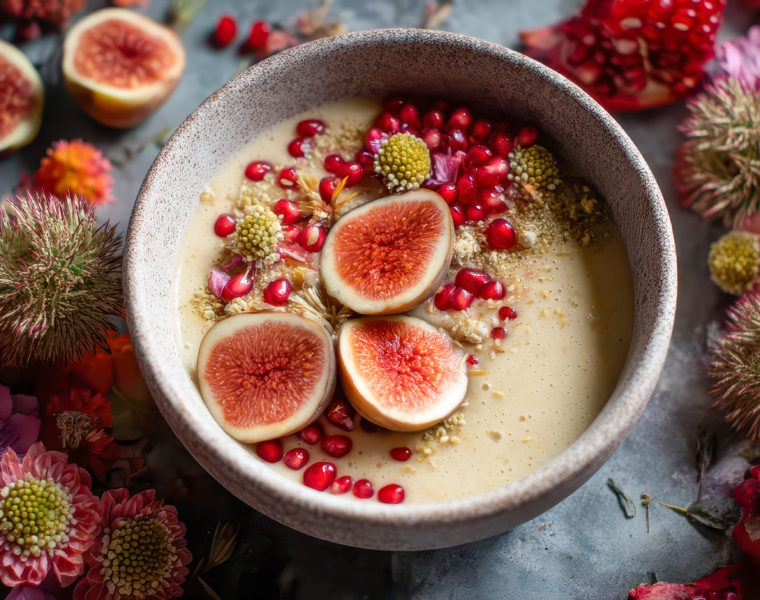 ol de crème parsemé de figues, graines et grenades, entouré de fleurs colorées