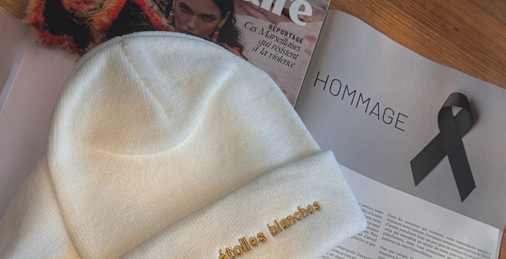 Marie Claire Suisse en kiosque avec page hommage et soutien à l’initiative Les Étoiles Blanches