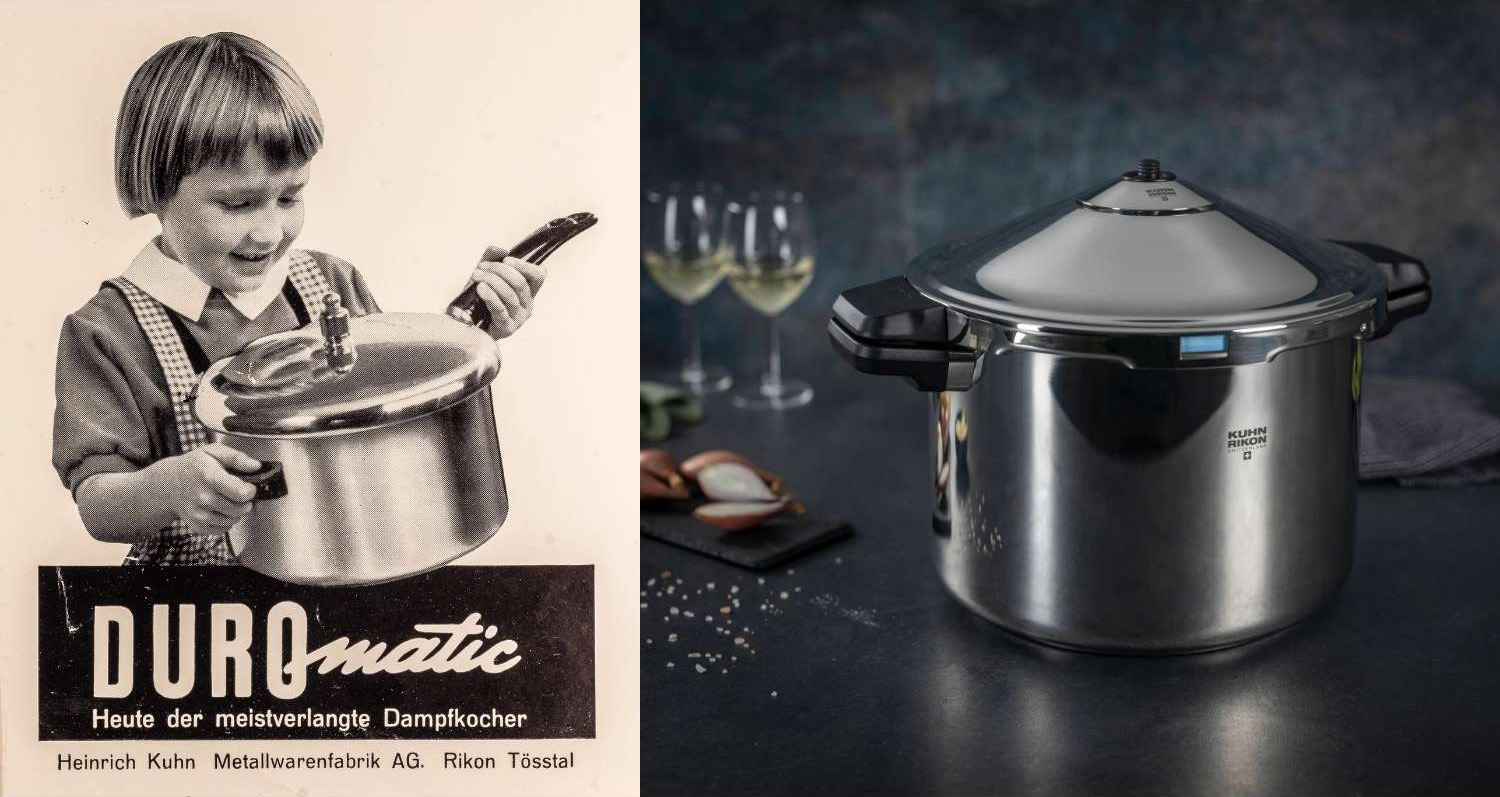 Affiche vintage Duromatic avec enfant tenant un autocuiseur