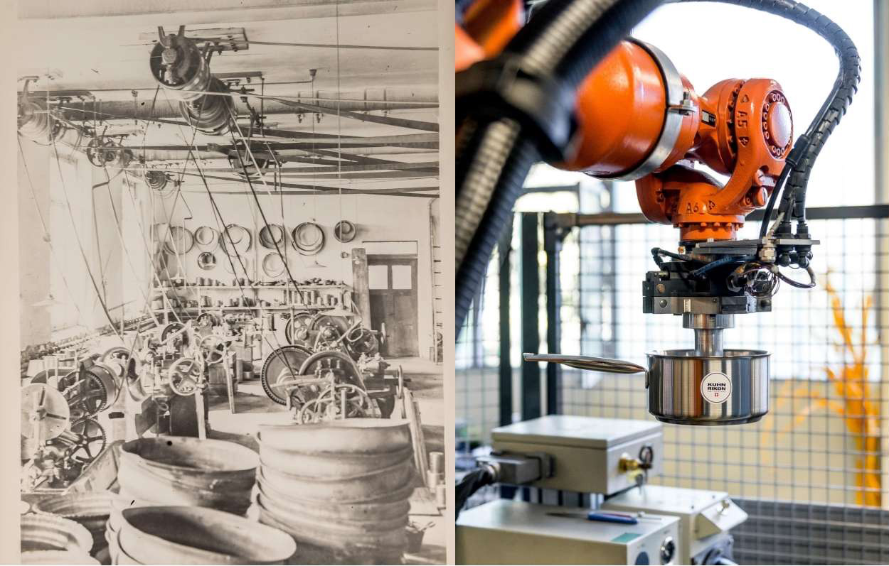 Bras robotisé manipulant une casserole Kuhn Rikon en production industrielle