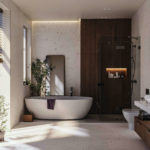 Salle de bains contemporaine avec baignoire, matières naturelles et lumière douce
