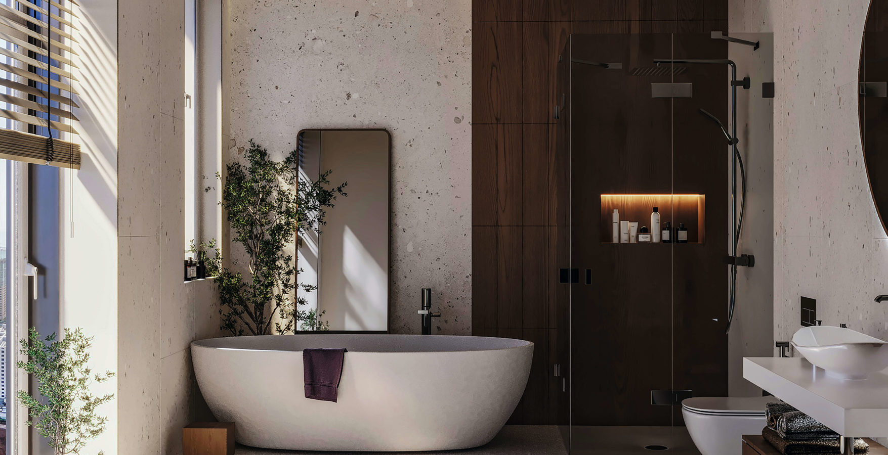 Salle de bains contemporaine avec baignoire, matières naturelles et lumière douce