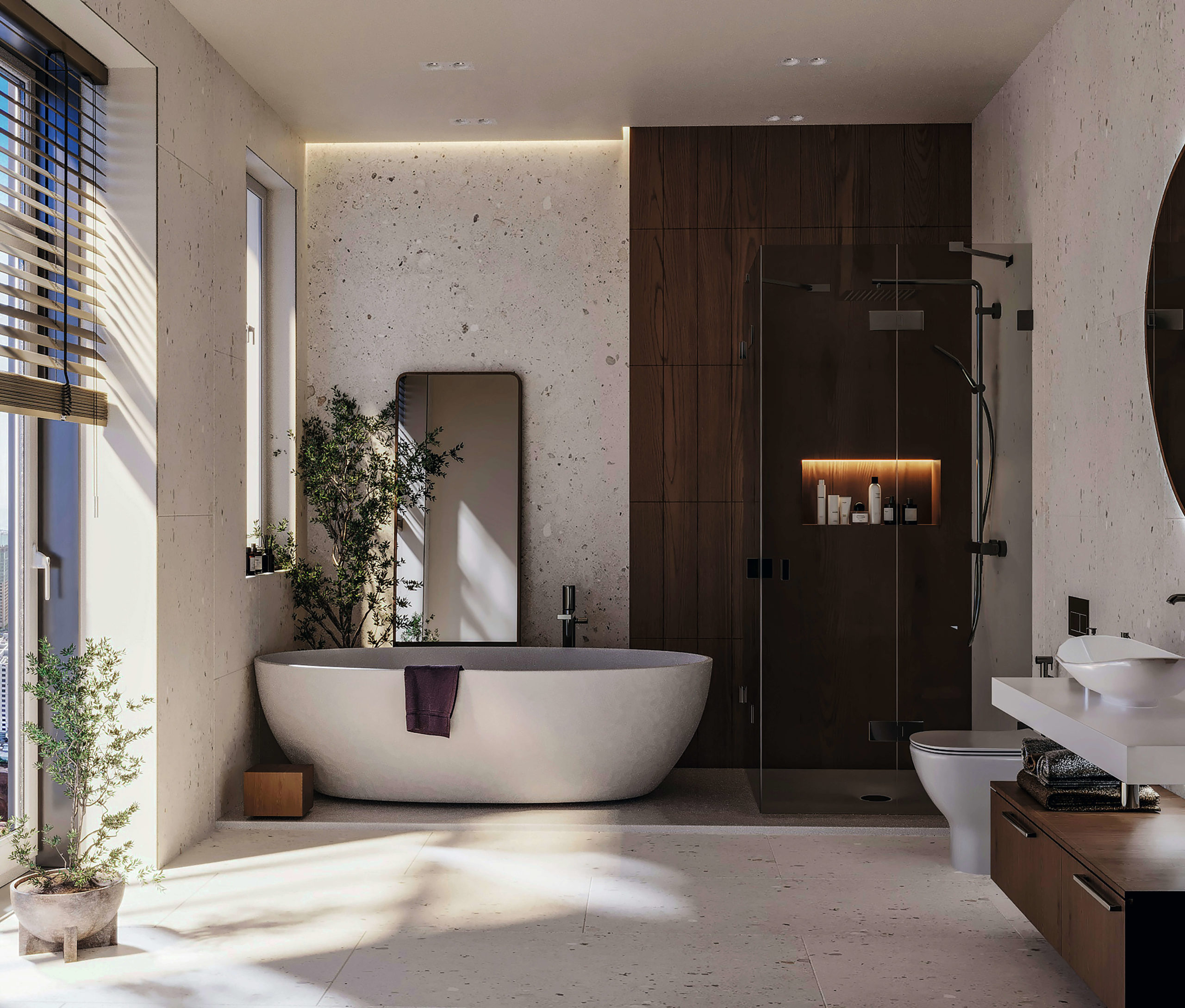 Salle de bains contemporaine avec baignoire, matières naturelles et lumière douce