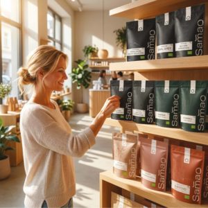 Femme Magasin qui choisit boîtes de thé