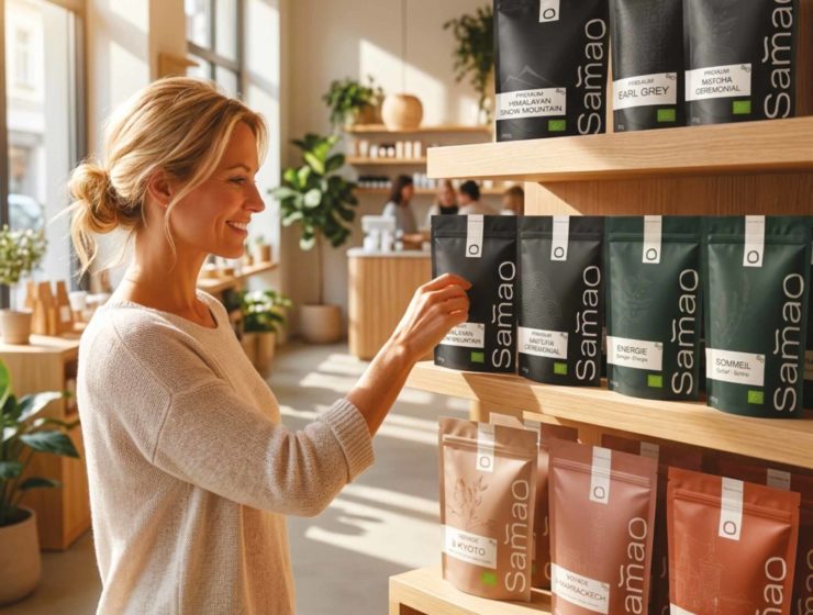 Femme Magasin qui choisit boîtes de thé